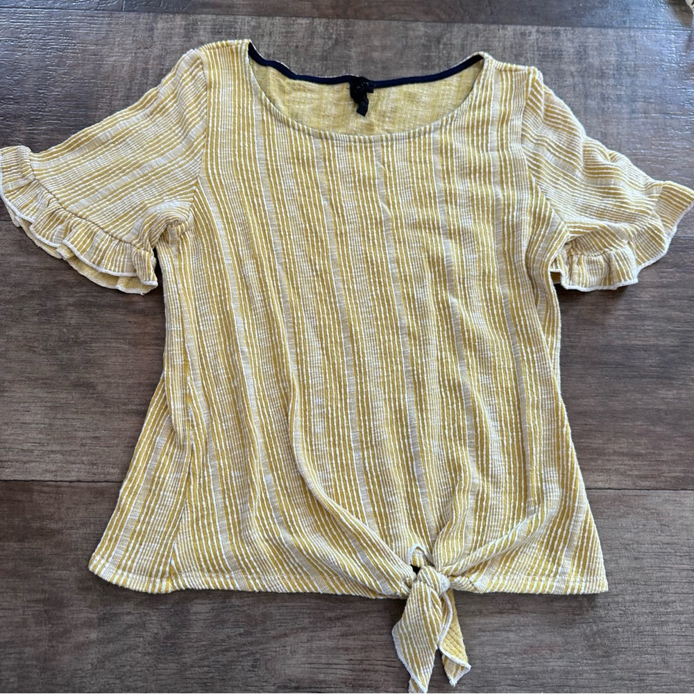 Anthro W5 mustard striped tie front ruffle sleeve top - Picture 1 of 7